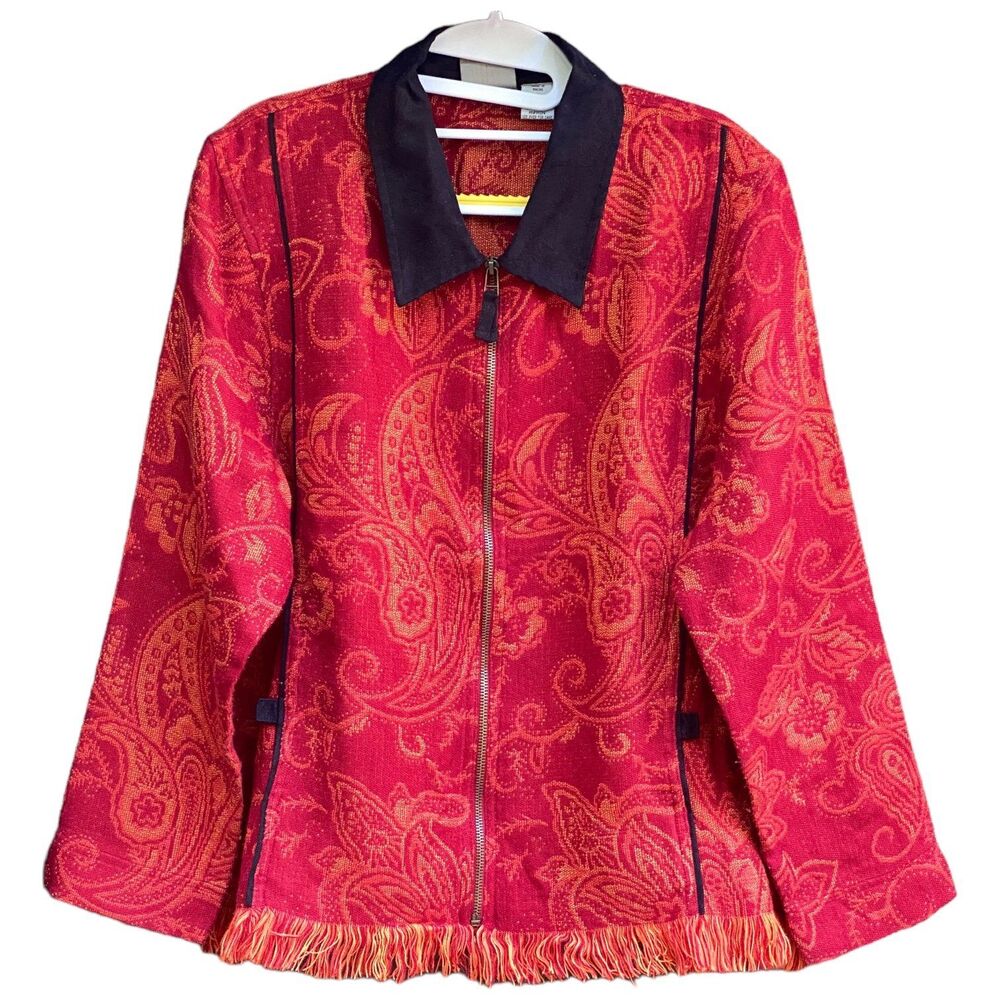 Vintage Sportelle Paisley Tapestry Jacket XL Red Orange Fringe Zip Blazer
